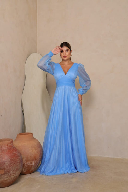 vestido manga longa plissado VESTIDO DE FESTA PETRA FINA AZUL SERENITY M